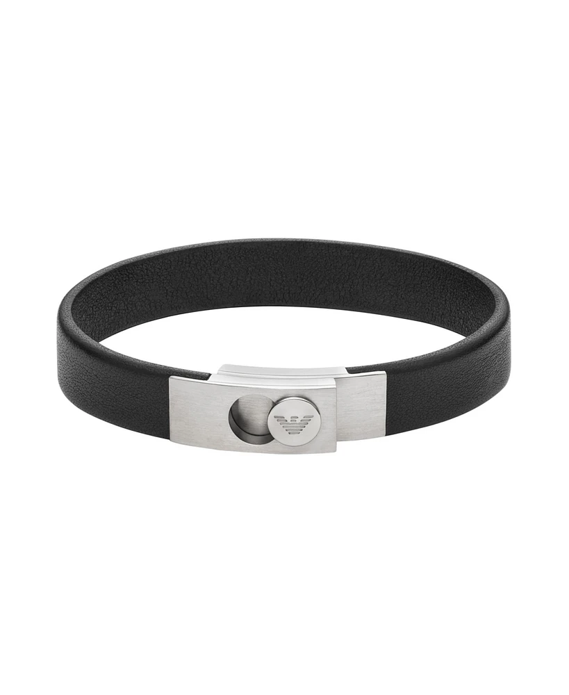 Emporio Armani Men's Stainless Steel and Black Leather Strap Bracelet