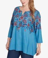 Ruby Rd. Plus Split Neck Floral Vine Placement Hatchi Knit Sharkbite Top