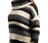 Bcx Juniors' Striped Ribbed Dropped-Shoulder Cowlneck Sweater