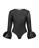 Mac Duggal Women's Mesh Long Sleeve Bodysuit With Satin Puff Sleeves