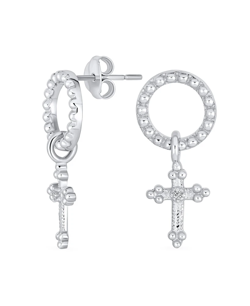 Bling Jewelry Classic Christian Religious Spiritual Eternal Circle & Fleur De Lis Dangle Cross Earrings For Women .925 Sterling Silver