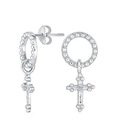 Bling Jewelry Classic Christian Religious Spiritual Eternal Circle & Fleur De Lis Dangle Cross Earrings For Women .925 Sterling Silver