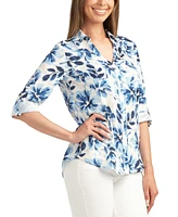 Bcx Juniors' Floral-Print Button-Down Roll-Tab-Sleeve Linen Top