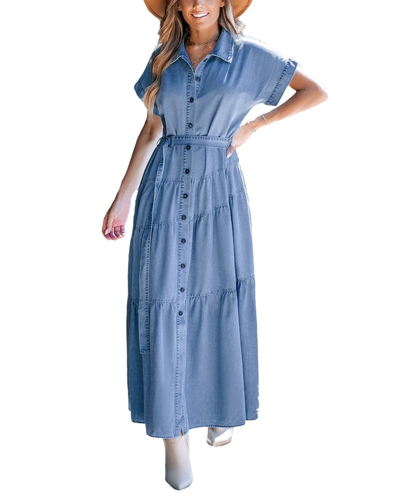 Cupshe Women's Blue Collared Front Button Maxi Shirt Beach Dress