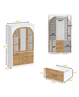 Famapy White and Brown Paint Finish Wood 45.7 in. W Bedroom Armoire in Victorian Style, Mirrored Doors, Hanging Rods, Drawer
