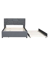 Slickblue Full Size Upholstered Platform Bed with Brick Pattern Headboard and Twin Size Trundle