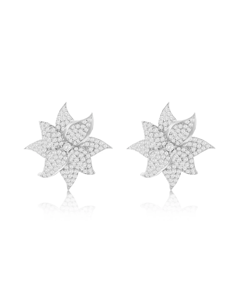 Suzy Levian Sterling Silver White Cubic Zirconia Large Pave Flower Earrings