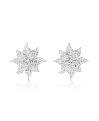 Suzy Levian Sterling Silver White Cubic Zirconia Large Pave Flower Earrings