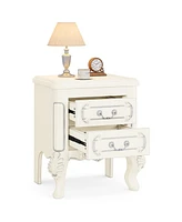 Tribesigns White Nightstand Set of 2, End Table with 2 Drawers, Carved Bedside Tables, Side Table for Bedroom, Living Room, Classic Bedroom Furniture