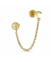 Bling Jewelry Unisex Tiny Simple Yellow 10K Gold Double Piercing Chain Celestial Crescent Moon & Star 1pc Stud Two Hole Earring Ear Lobe Cartilage