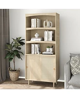 Slickblue Tall 5-Tier Boho Bookcase with Door Storage – Stylish and Functional Bookshelf