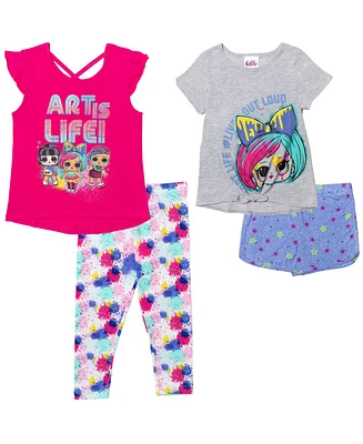 L.o.l. Surprise! Toddler Girls Neon Q.t. Bon T-Shirts Dolphin Active Leggings and Shorts 4 Piece Outfit Set to