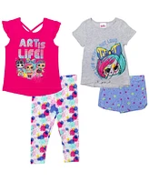 L.o.l. Surprise! Toddler Girls Neon Q.t. Bon T-Shirts Dolphin Active Leggings and Shorts 4 Piece Outfit Set to