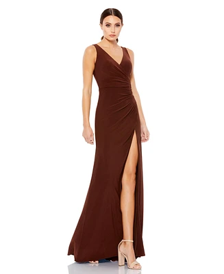 Mac Duggal Women's Ruched Stretch Jersey V-Neck Gown