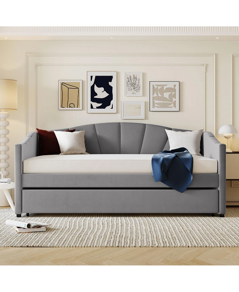 Slickblue Twin Size Upholstered Daybed Sofa Bed with Trundle and Wood Slat Support