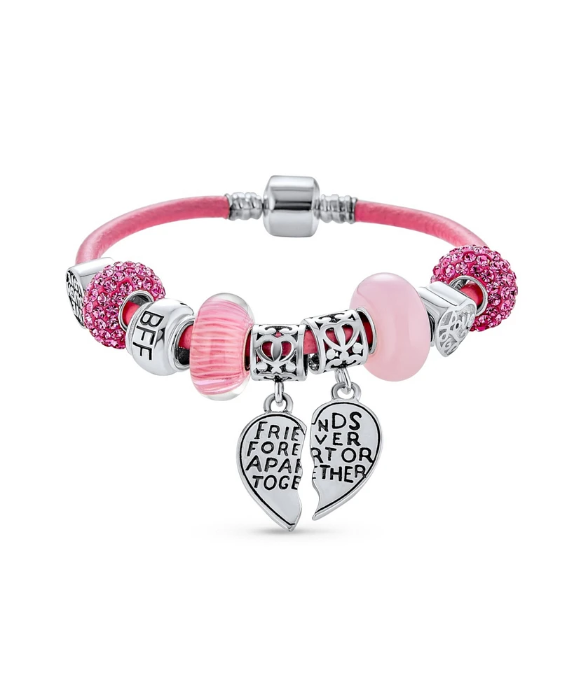 Bling Jewelry 2 Piece Bead Best Friend Sorority Sister Bff Split Heart Theme Multi Charm Bracelet Pink Leather For Women .925 Sterling Silver European