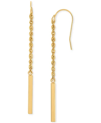 Polished Square Tube & Rope Link Long Linear Drop Earrings in 14k Gold