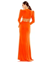 Mac Duggal Women's Long Sleeve Puff Shoulder Cut Out Gown