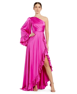 Mac Duggal Women's Long One Sleeve Asymmetrical Ruffle Hem Gown