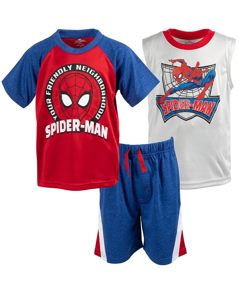 Marvel Toddler Boys Spider-Man T-Shirt Tank Top and Shorts 3 Piece Outfit Set to