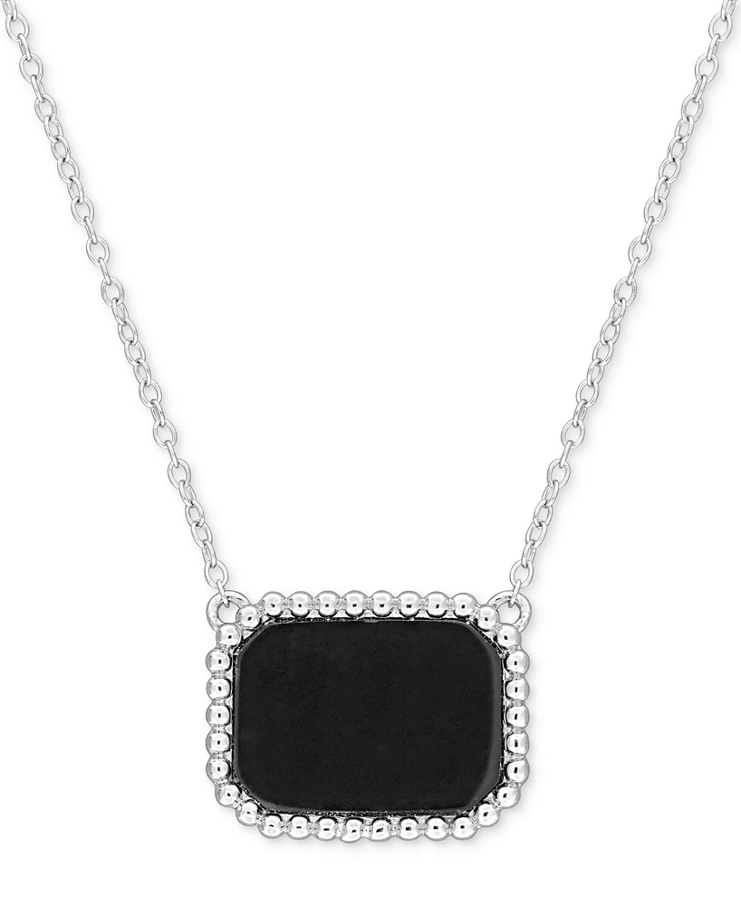 Black Agate Bead-Framed Rectangular 17" Pendant Necklace Sterling Silver (Also Hematite, Lapis, or Tiger Eye)