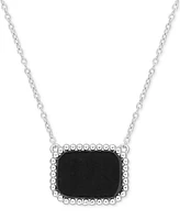 Black Agate Bead-Framed Rectangular 17" Pendant Necklace Sterling Silver (Also Hematite, Lapis, or Tiger Eye)