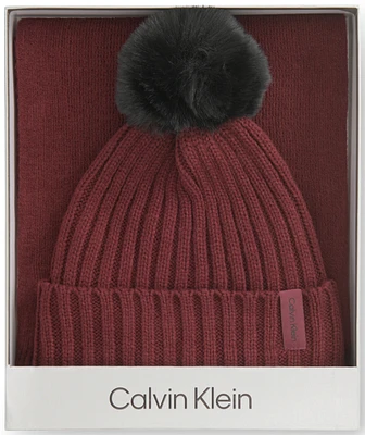 Calvin Klein Women's 2-Pc. Faux-Fur Pom Beanie & Scarf Boxed Gift Set