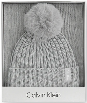 Calvin Klein Women's 2-Pc. Faux-Fur Pom Beanie & Scarf Boxed Gift Set