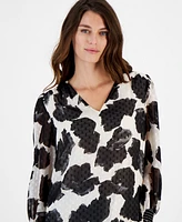 Anne Klein Women's Printed V-Neck Long-Sleeve Blouse