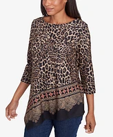 Ruby Rd. Petite Ballet Neck Animal Printed Hatchi Knit Top with Asymmetric Paisley Border Print Hem