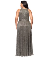 Betsy & Adam Plus Crinkled Metallic Halter Gown