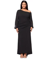 Betsy & Adam Plus Asymmetric Long-Sleeve Gown