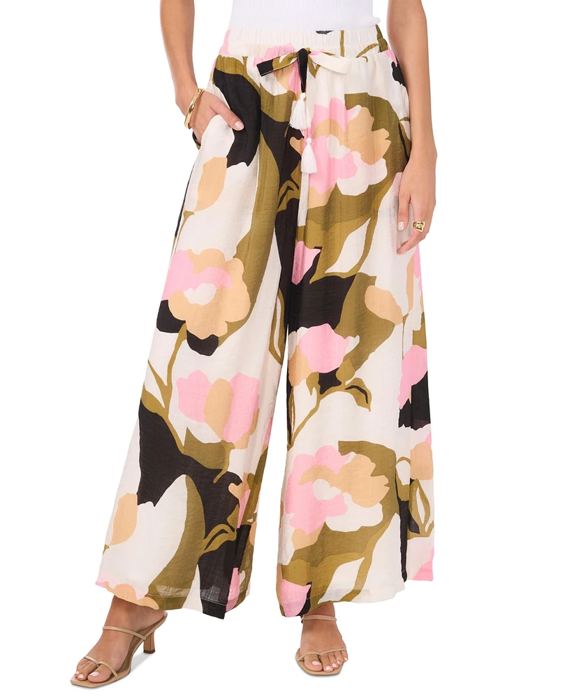 Vince Camuto Women's Linen-Blend Floral-Print Wide-Leg Pull-On Pants