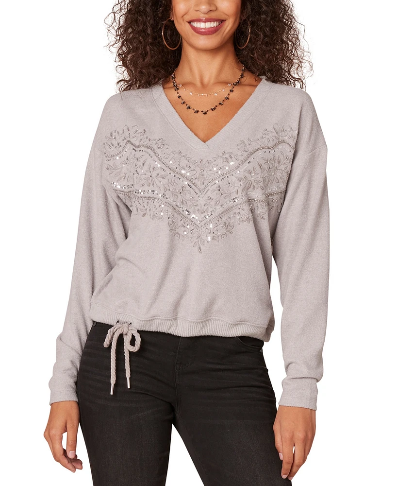 Democracy Petite Embellished Drawstring-Hem V-Neck Top