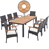 Costway 9 Pcs Patio Rattan Dining Set with Acacia Wood Table, Cushions