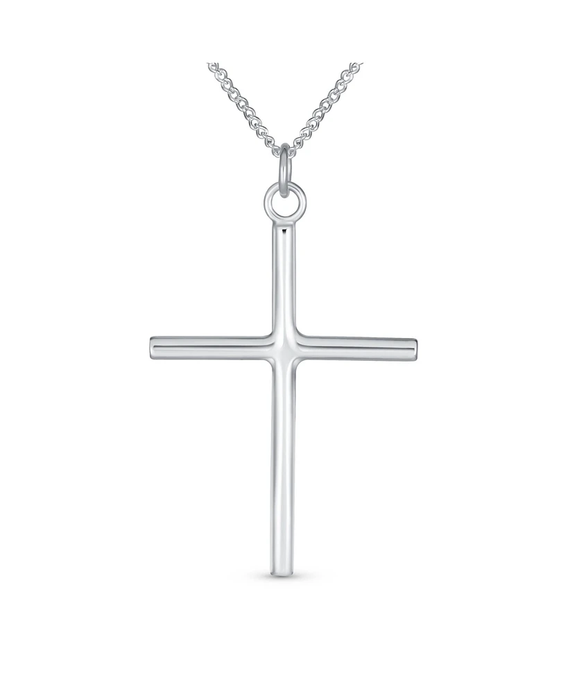 Bling Jewelry Minimalist Large Tube Simple Religious Cross Pendant Necklace For Women Polished .925 Sterling Silver