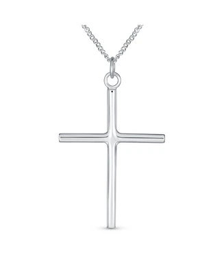 Bling Jewelry Minimalist Large Tube Simple Religious Cross Pendant Necklace For Women Polished .925 Sterling Silver