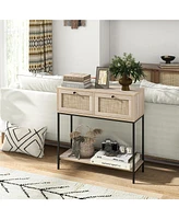 Costway Rattan Console Table with 2 Rattan Drawers & Open Storage Shelf Metal Legs