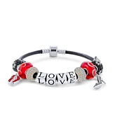 Bling Jewelry Couples Love Word Saying Red Valentine Themed Starter Beads Multi Charm Bracelet Black Leather For Women .925 Sterling Silver European B