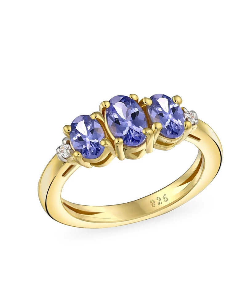 Bling Jewelry Past Present Future 3 Stone 2CTW Oval Purple Natural Tanzanite Trilogy Trinity Ring for Women Gold Plated .925 Sterling Silver