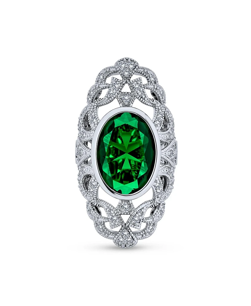 Bling Jewelry Filigree Green Oval Cubic Zirconia Long Full Finger Statement Ring Cz Silver Plated Brass