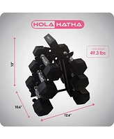 HolaHatha Hexagonal Dumbbell Free Hand Weight Set w/ Rack, 5, 8, & 10 Lbs, Black