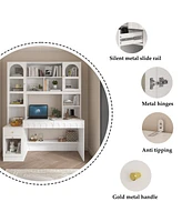 Famapy 79.1 in. Tall White Wood 13-Shelf Standard Bookcase with Writing Desk Table, Glass Door Cabinet, -Drawers, French Style