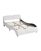 Slickblue Full Size Upholstered Faux Leather Platform Bed with Led Light Bed Frame with Slatted