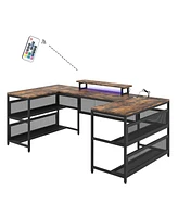 Slickblue U-Shaped Desk with Shelves and Led Lighting for Home Office Organization