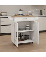 Slickblue Kitchen Island Rolling Trolley Cart: Adjustable Shelves, Towel Rack, Seasoning Rack & Rubber Wood Table Top - White