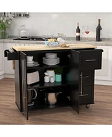 Slickblue Kitchen Island with Spice Rack, Towel Rack, and Extensible Solid Wood Table Top - Black