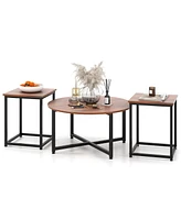 Gymax Round Nesting Table Set of 3 Modern/Farmhouse Coffee w/2 End Tables Walnut & Black