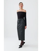 Nocturne Women's Faux Leather Midi Skirt with Belt