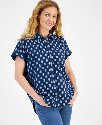 Style & Co Women's Cotton Printed Short-Sleeve Button Camp Shirt, Created for Macy's